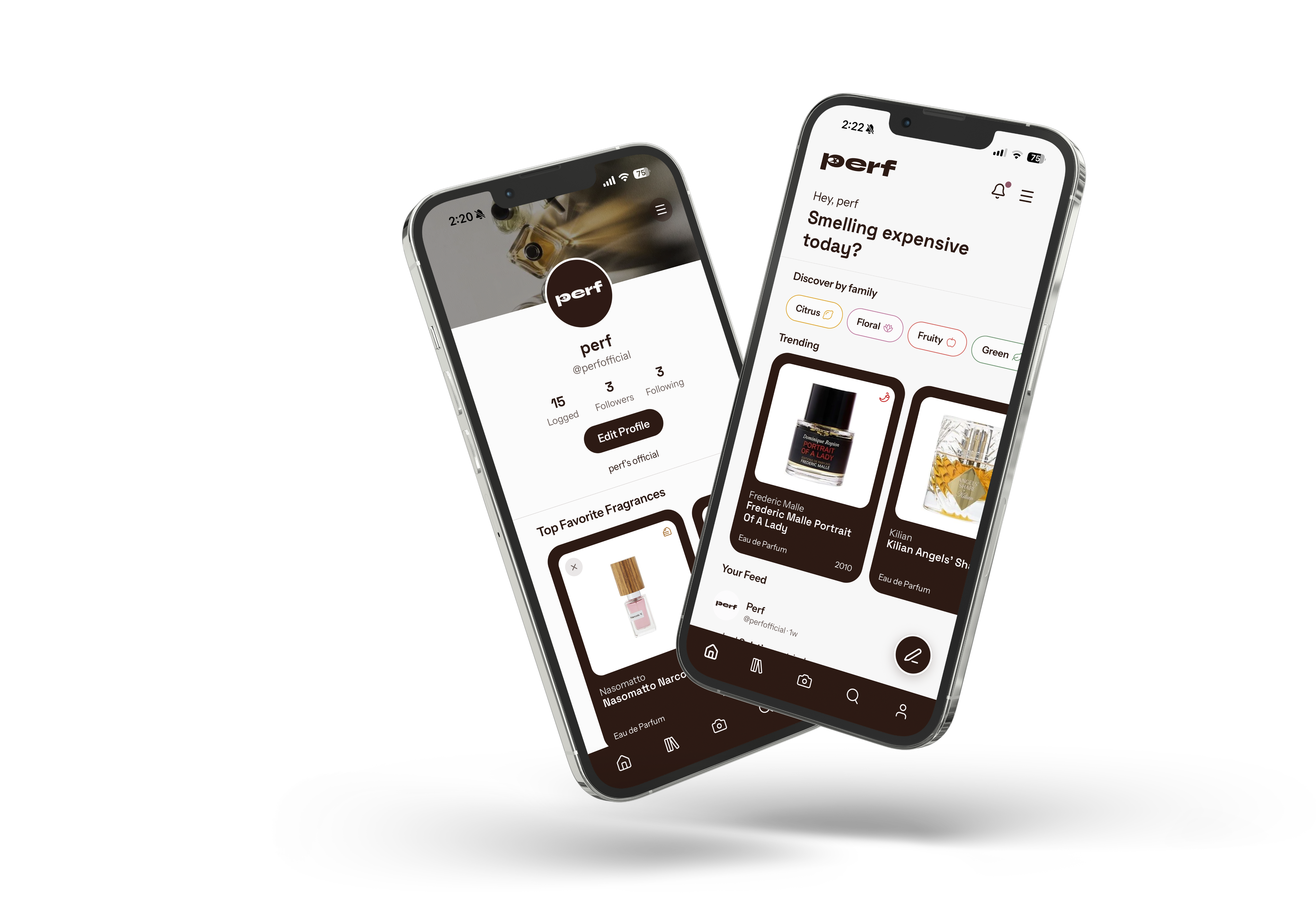 Perf app previews showing a fragrance profile and the discovery feed